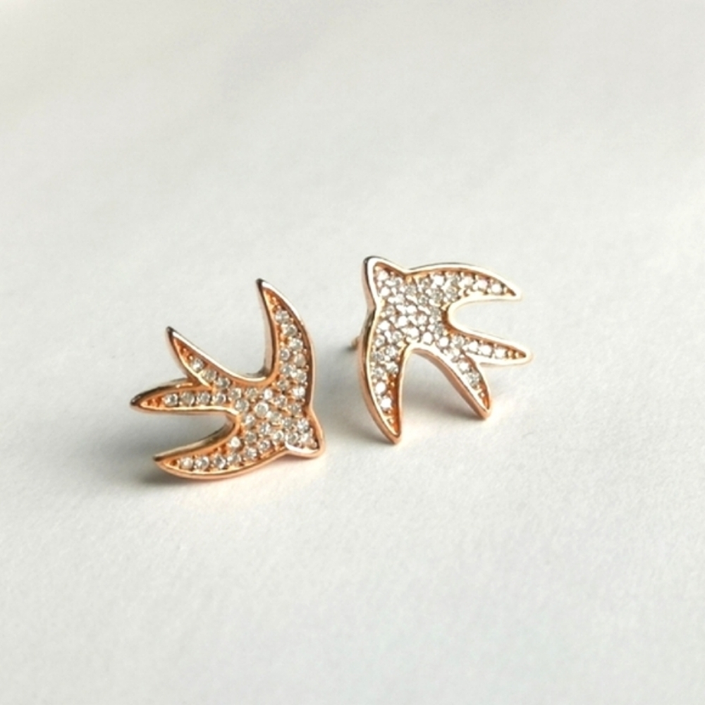 Swallow Bird Stud Earrings 14k Rose Gold over Sterling Silver